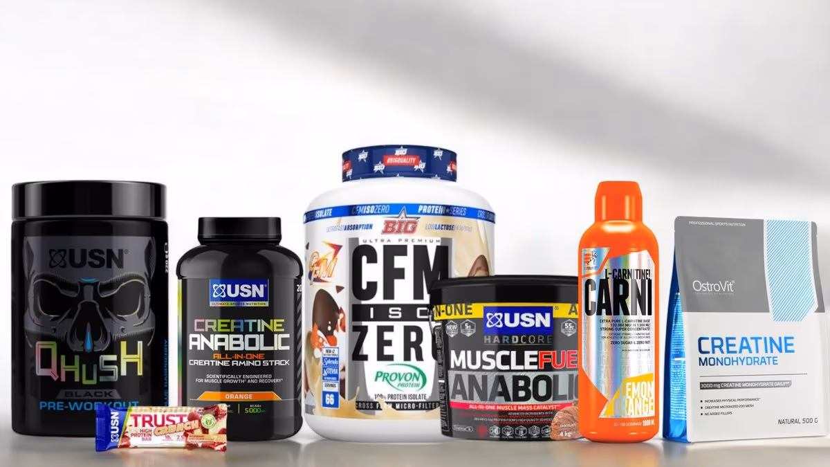 A shelf of sports nutrition and wellness products